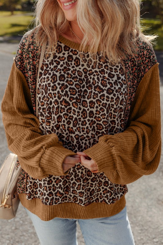 Leopard Floral Patchwork Ribbed Puff Sleeve Top