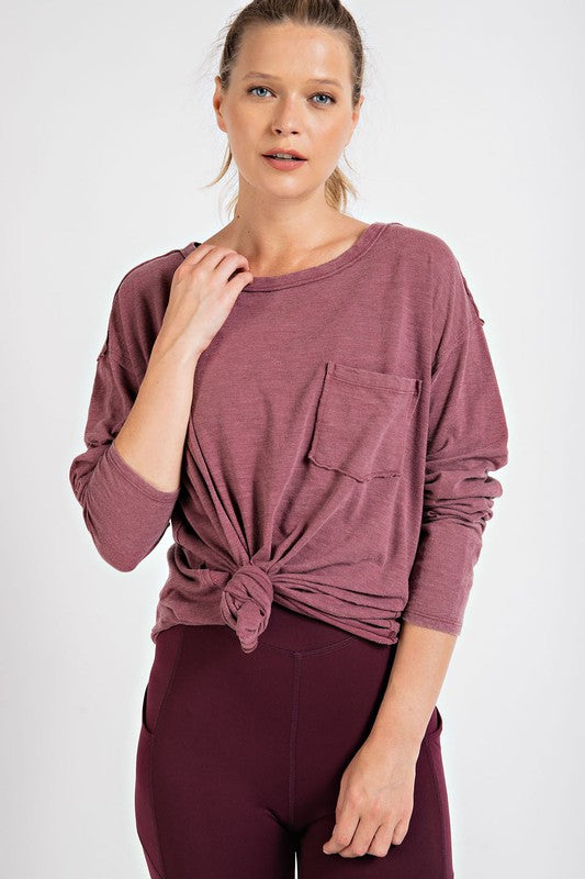 Mineral washed round neckline long sleeve top