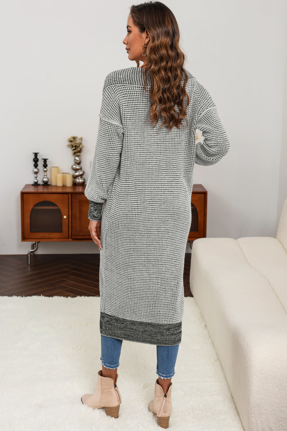 Gray Textured Knit Pocketed Duster Cardigan