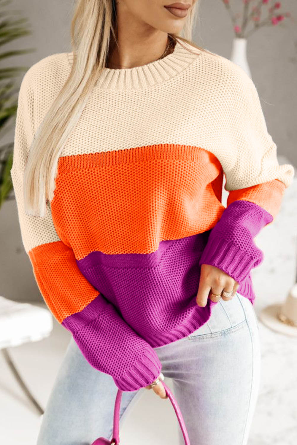 Multicolor Color Block Drop Shoulder Round Neck Knit Sweater