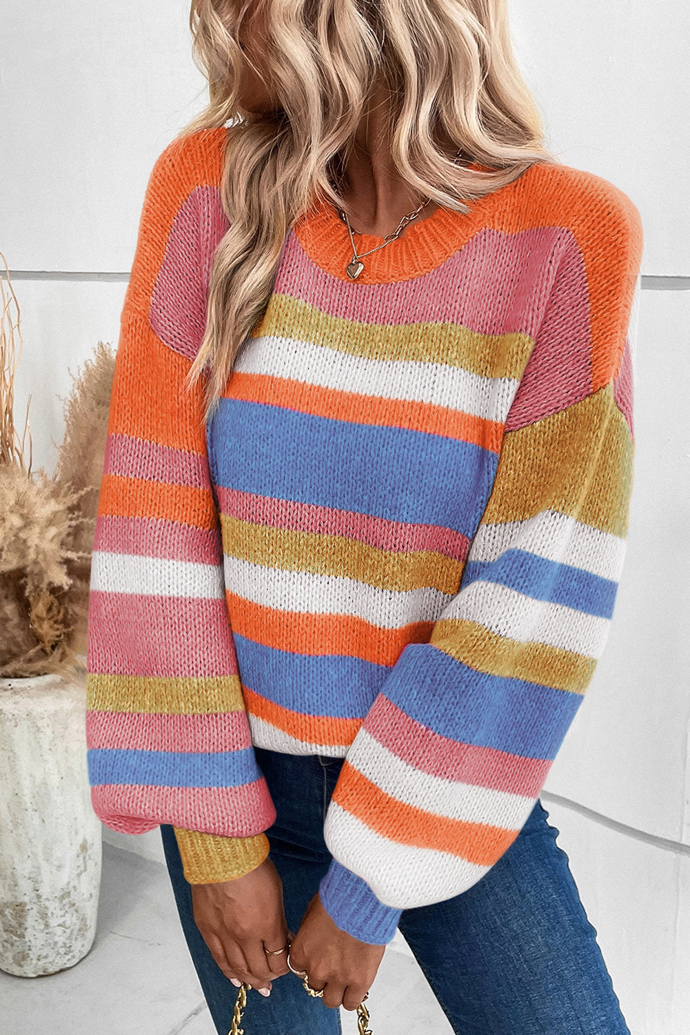 Multicolour Striped Knit Drop Shoulder Puff Sleeve Sweater