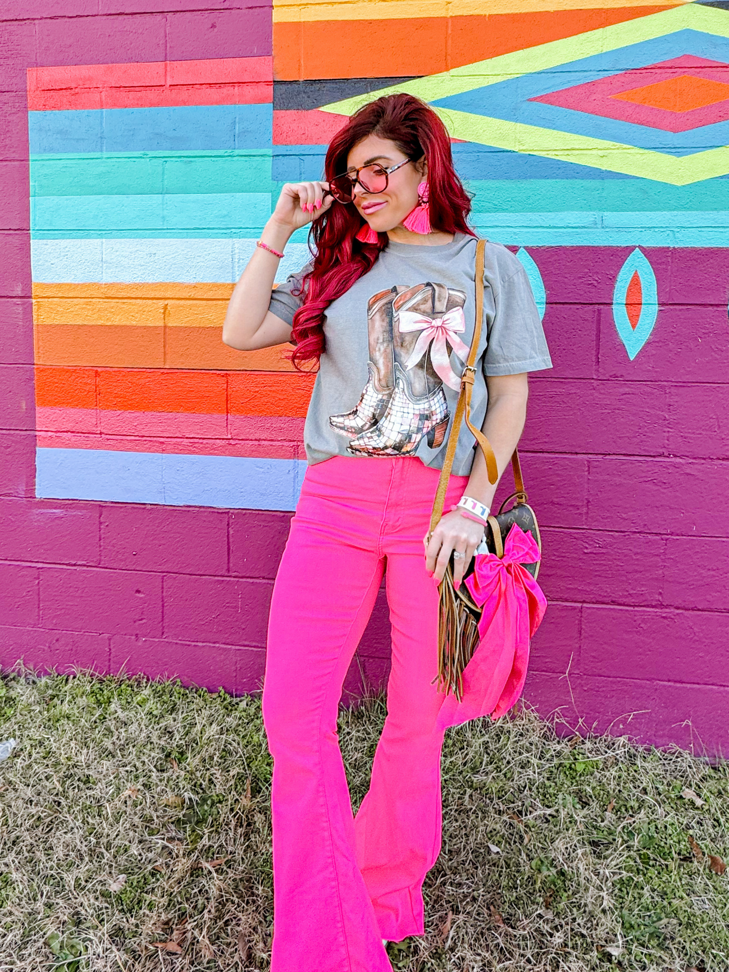 Fiona High Waisted Bell Bottom Flare Jeans - Pink