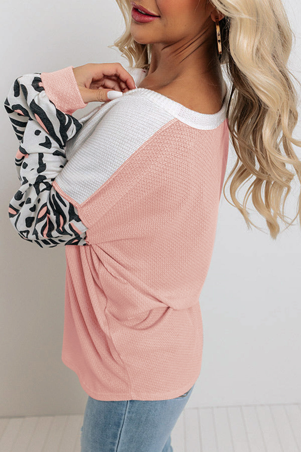 Pink Leopard Sleeve Patchwork Waffle Knit Top