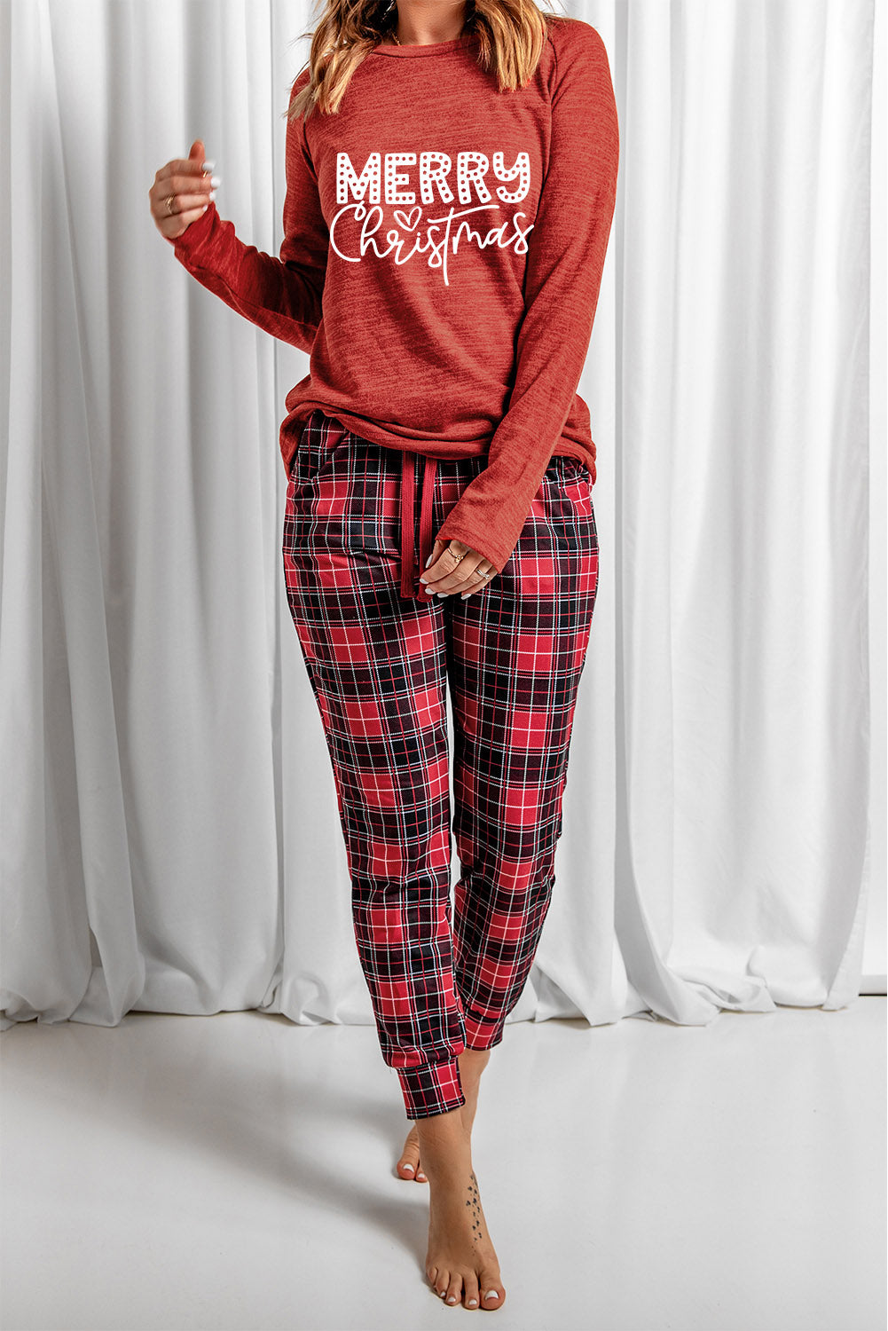 Red MERRY Christmas Graphic Top Plaid Pants Set