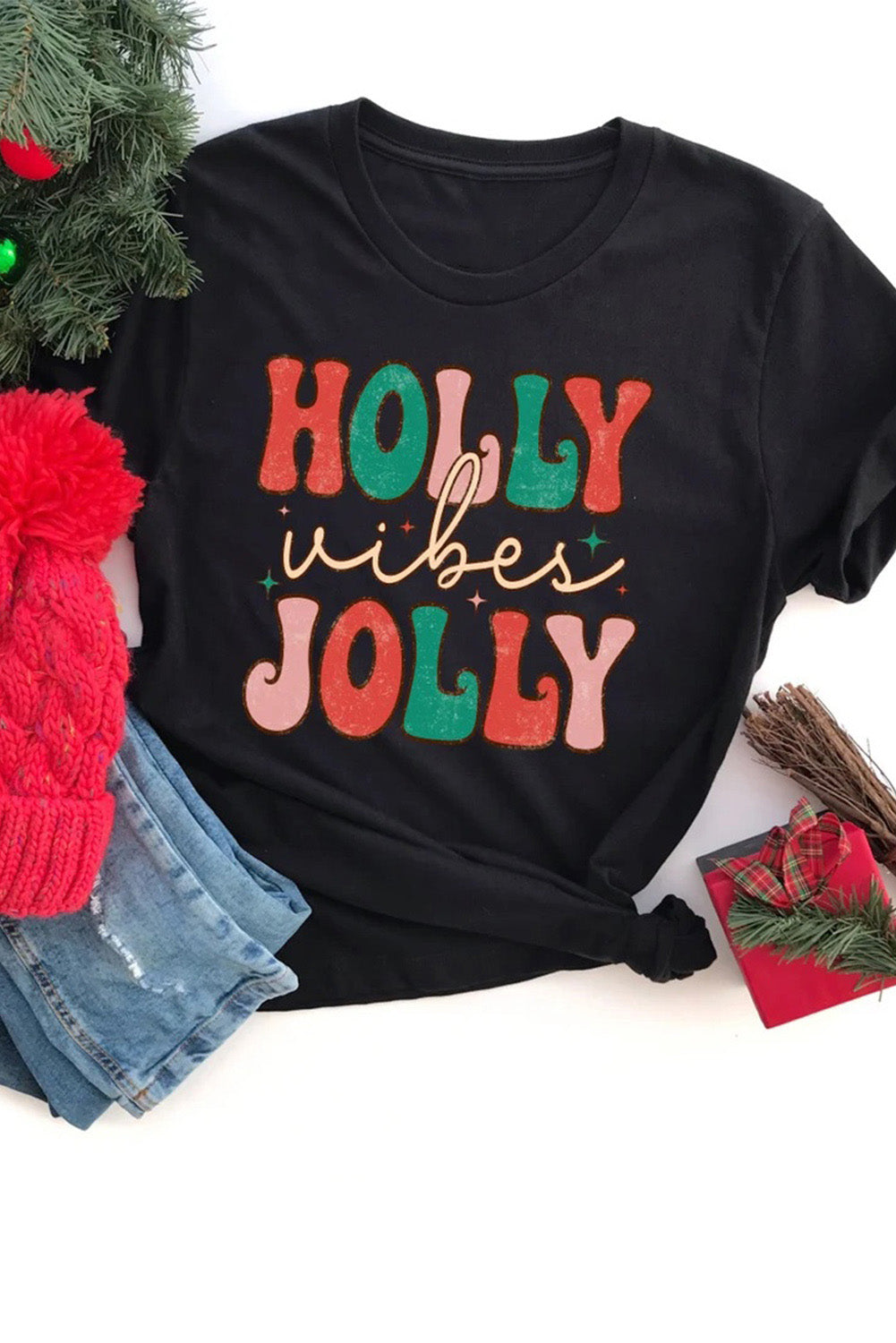 Black HOLLY JOLLY Vibes Christmas Crew Neck T Shirt