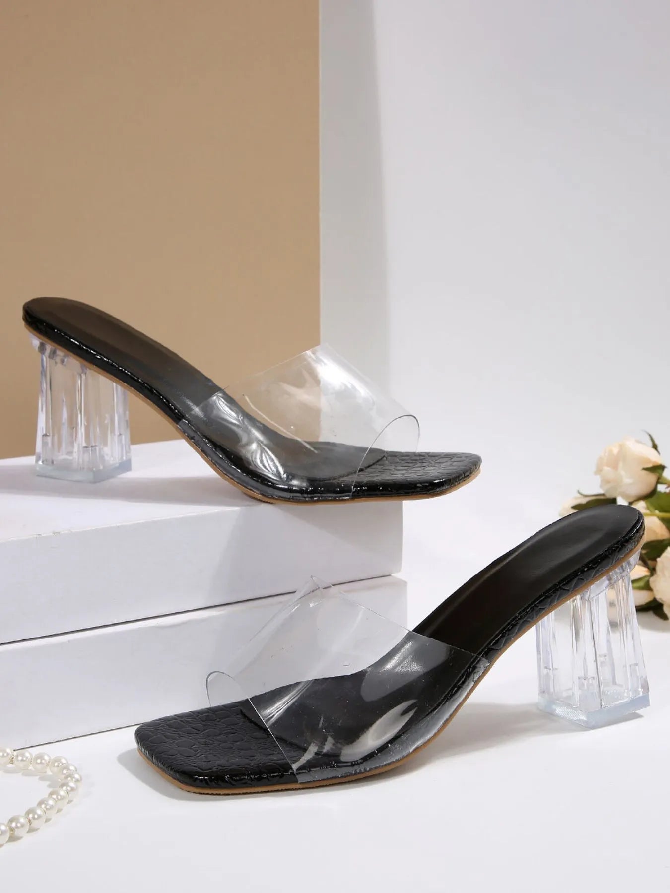 Clear Strap Block Heel Sandals (2 Colors)