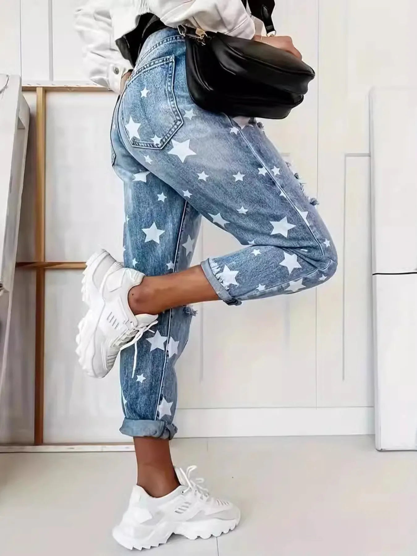 Star Print Distressed High Waist Boyfriend Jeans (2 Colors)