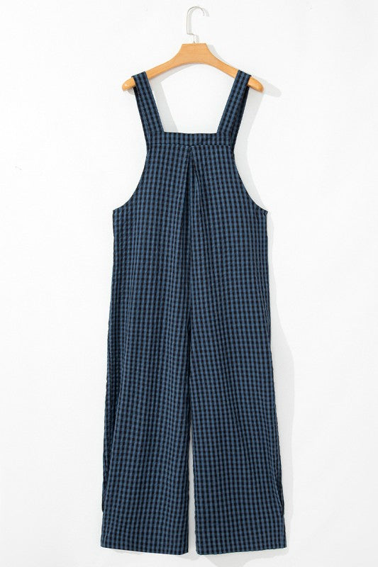 Plaid Print Buttoned Pocketed High Waist Jumpsuits