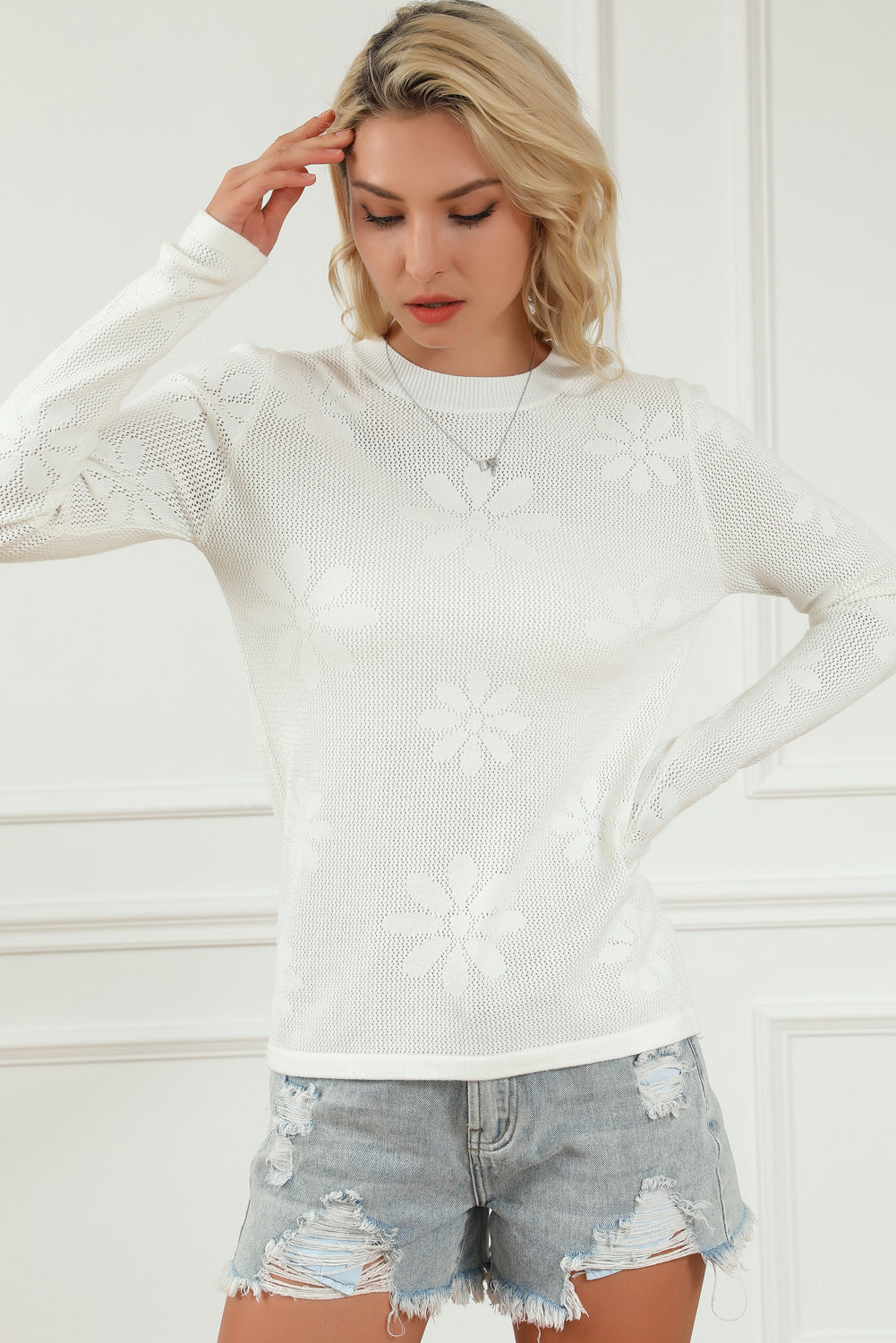 White Flower Knit Long Sleeve Sweater