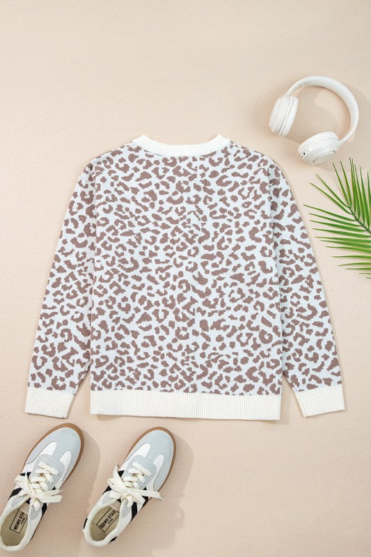 Leopard Drop Shoulder Chunky Cardigan Sweater