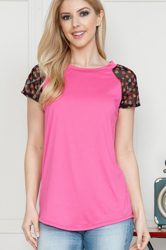 Plus Solid Hearts Mesh Short Sleeve Spring Top
