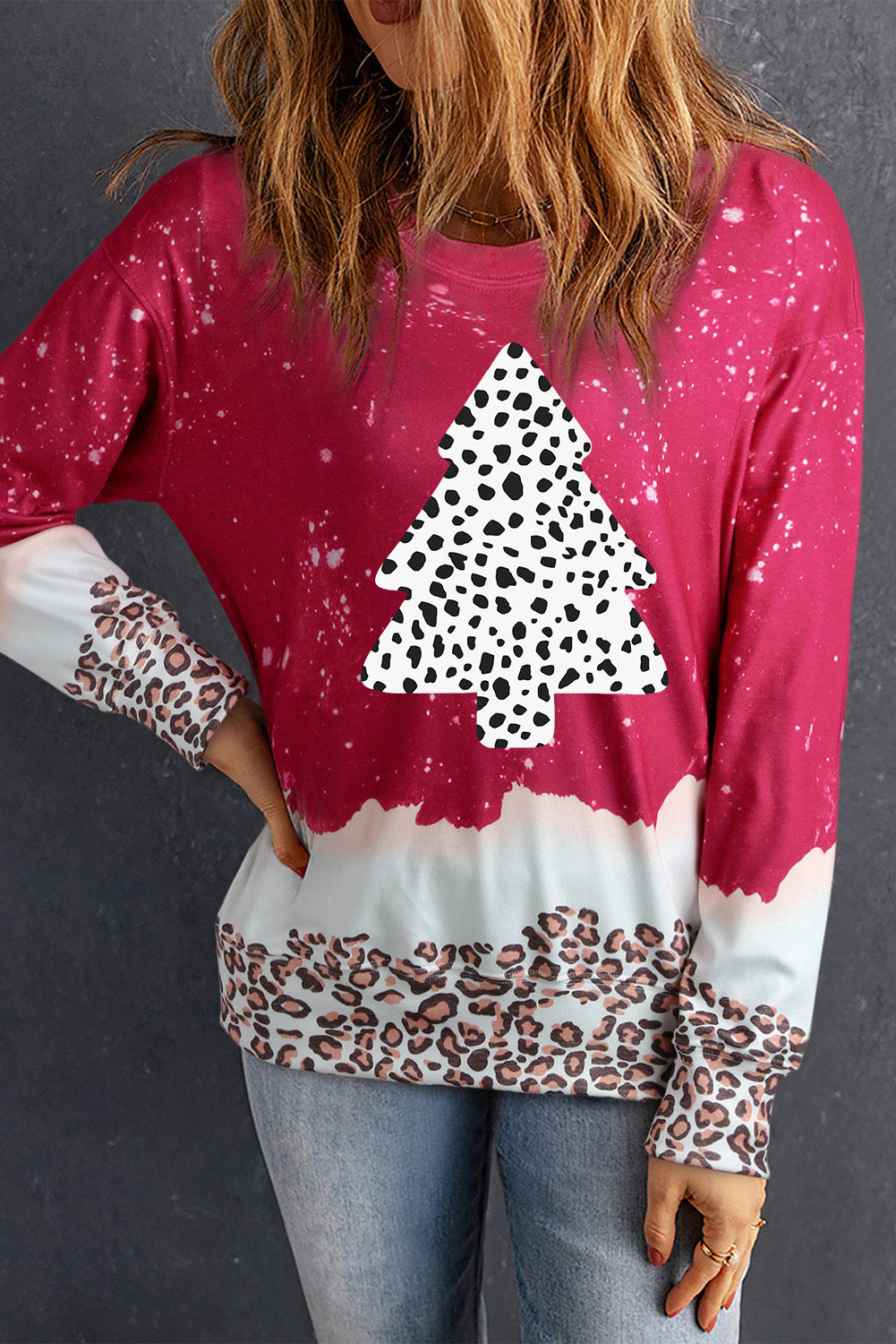 Red Leopard Christmas Tree Print Loose Fit Sweatshirt