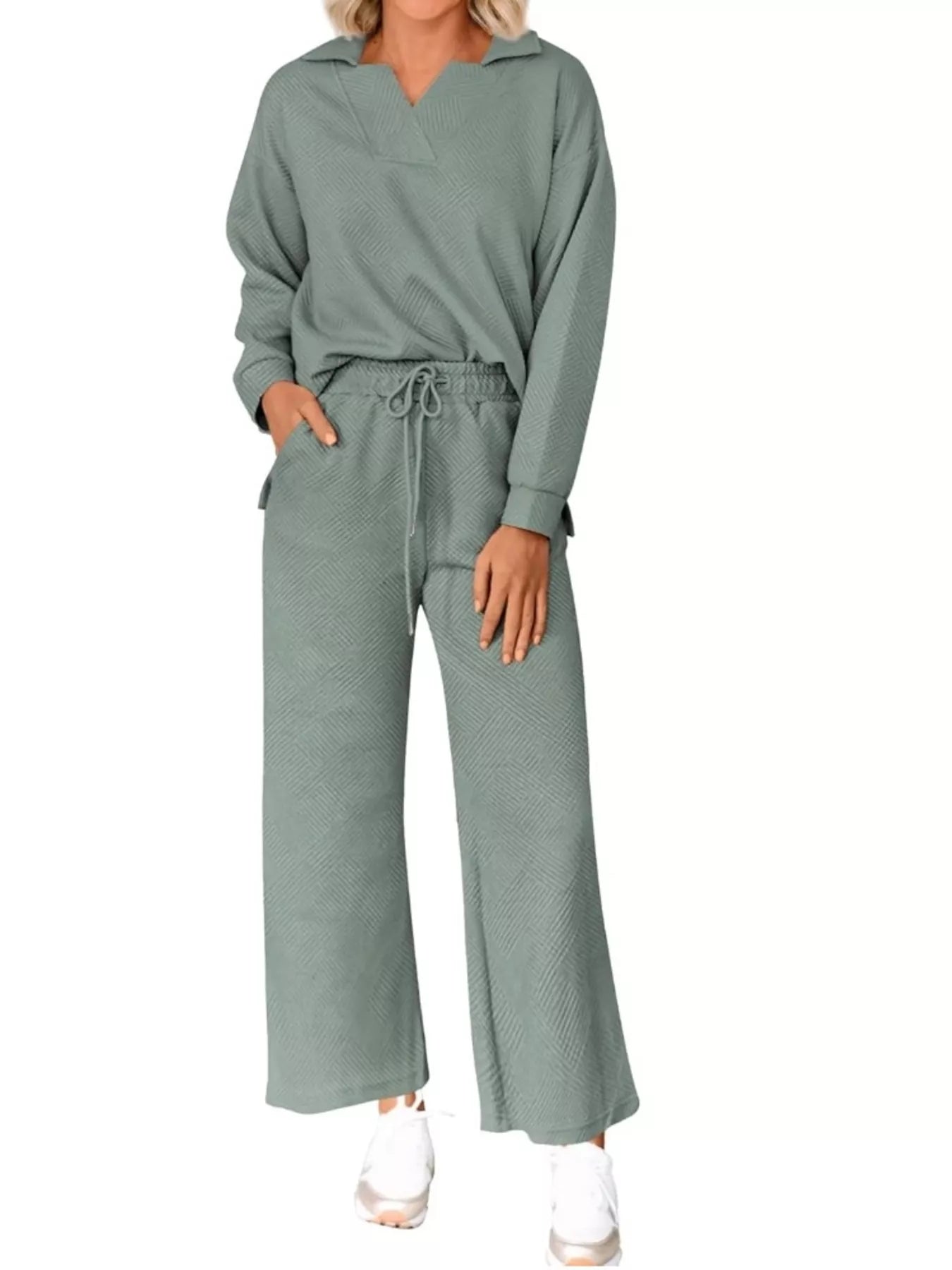 Side Slit Textured Top and Drawstring Pants Set (8 Colors)