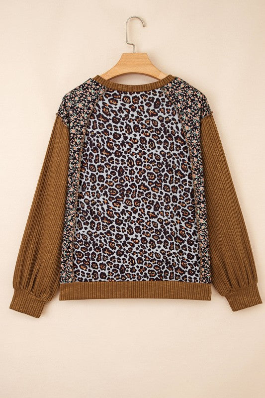 Leopard Floral Patchwork Ribbed Puff Sleeve Top