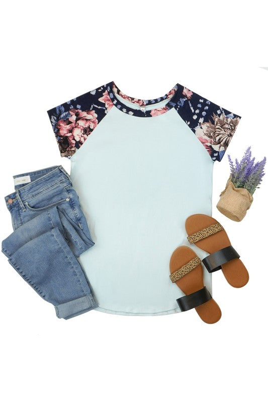 Plus Solid Floral Short Sleeve Spring Top