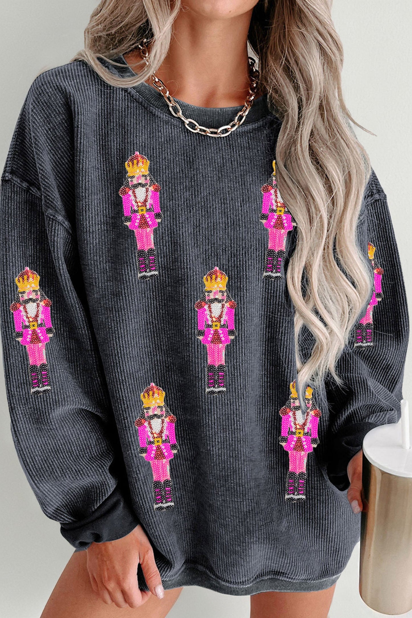 Gray Nutcracker Sequin Patterned Sweatshirt