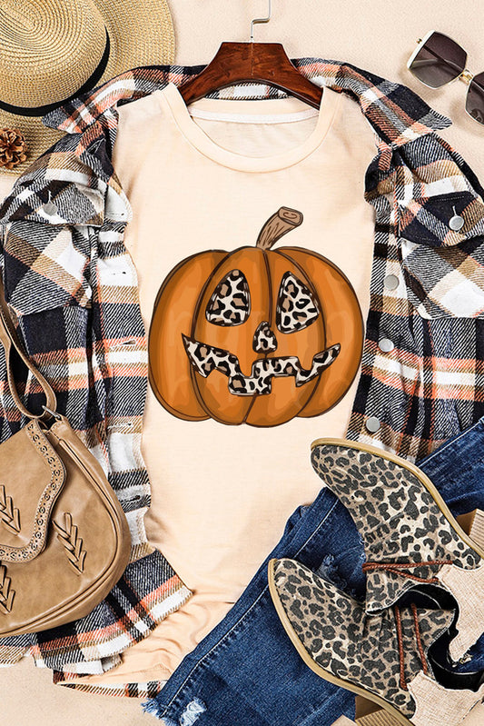 Khaki Halloween Leopard Pumpkin Print T Shirt