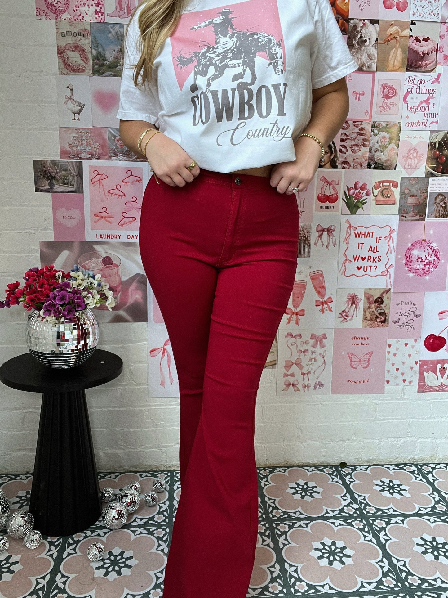 Fiona High Waisted Bell Bottom Flare Jeans -  Burgundy