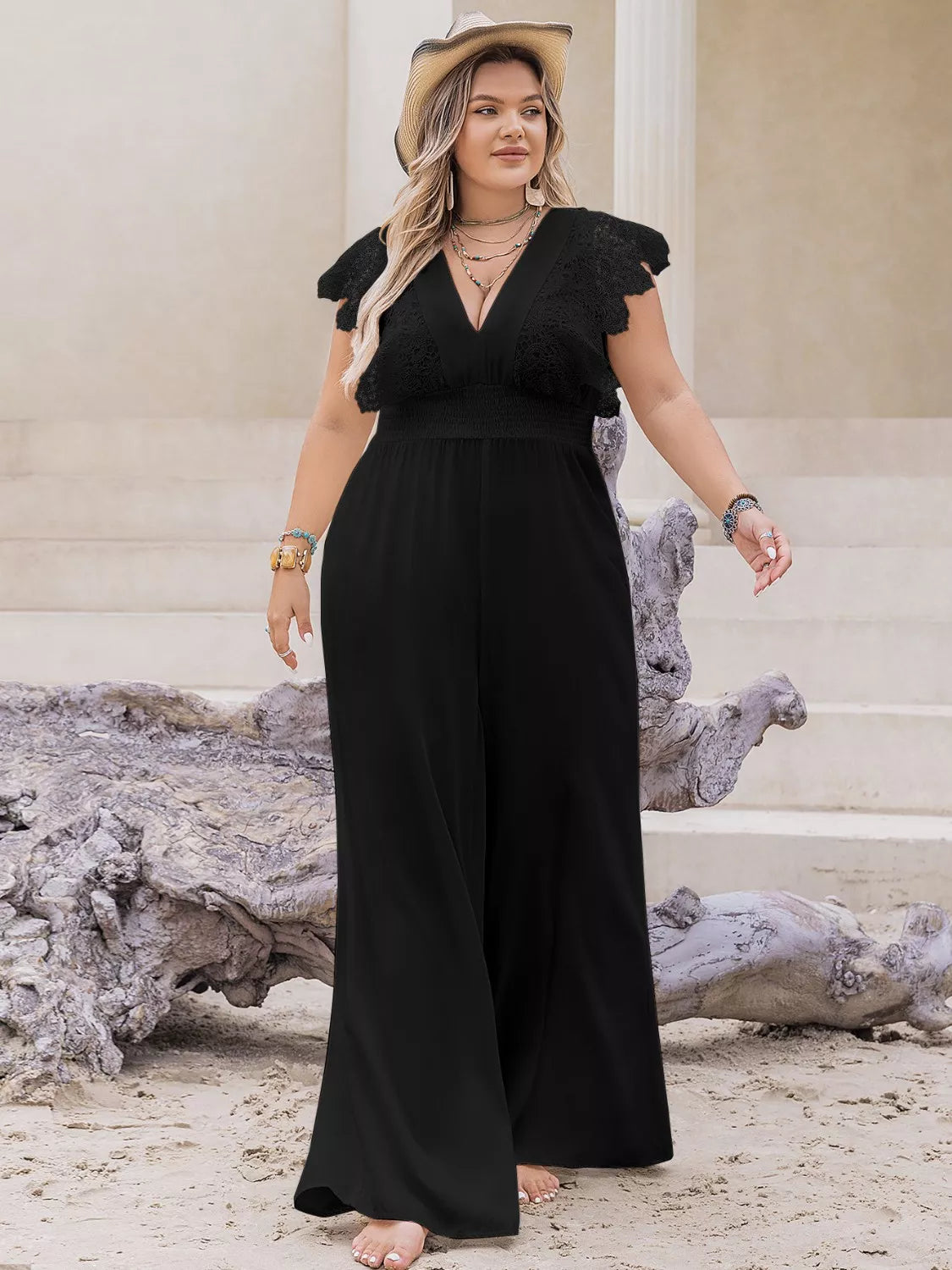 Lace Cap Sleeve Wide Leg Jumpsuit