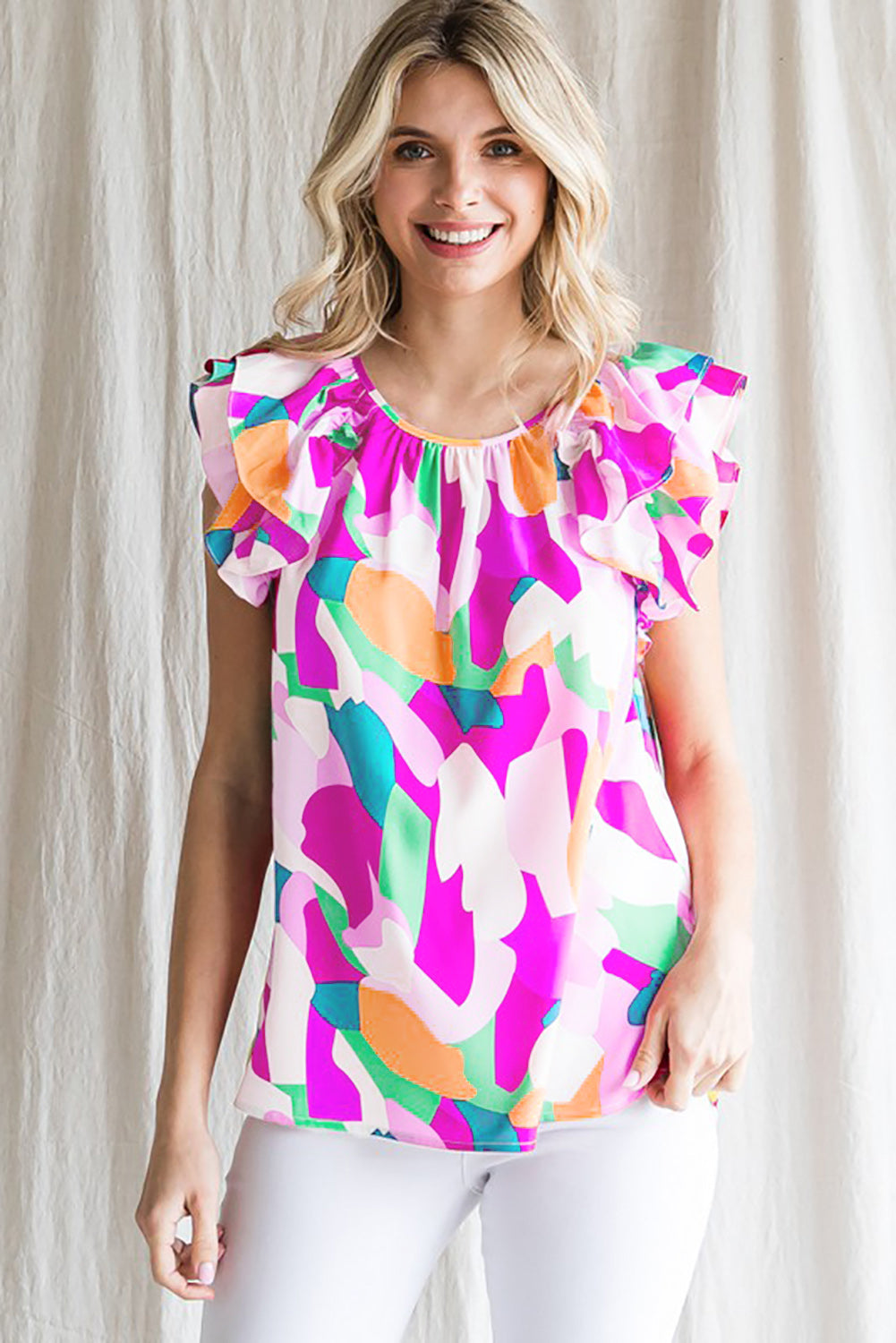 Multicolor Abstract Pattern Ruffle Short Sleeves Blouse (3 Colors)