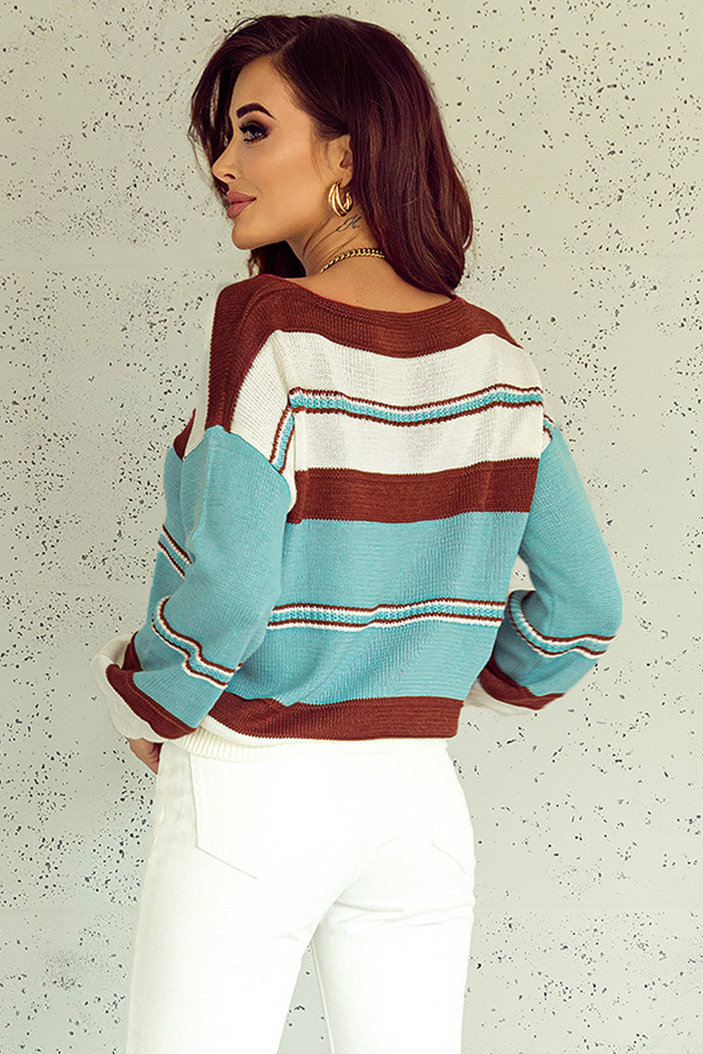 Peach Blossom Striped Pattern Knit V Neck Sweater (3 Colors)
