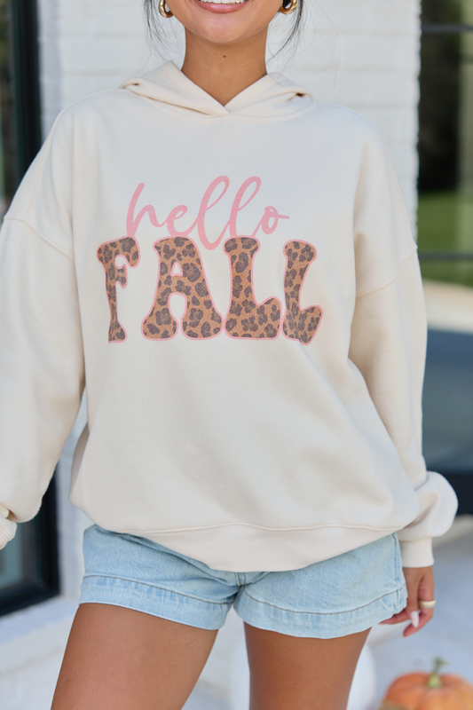 Hello Fall Leopard Cream Graphic Hoodie