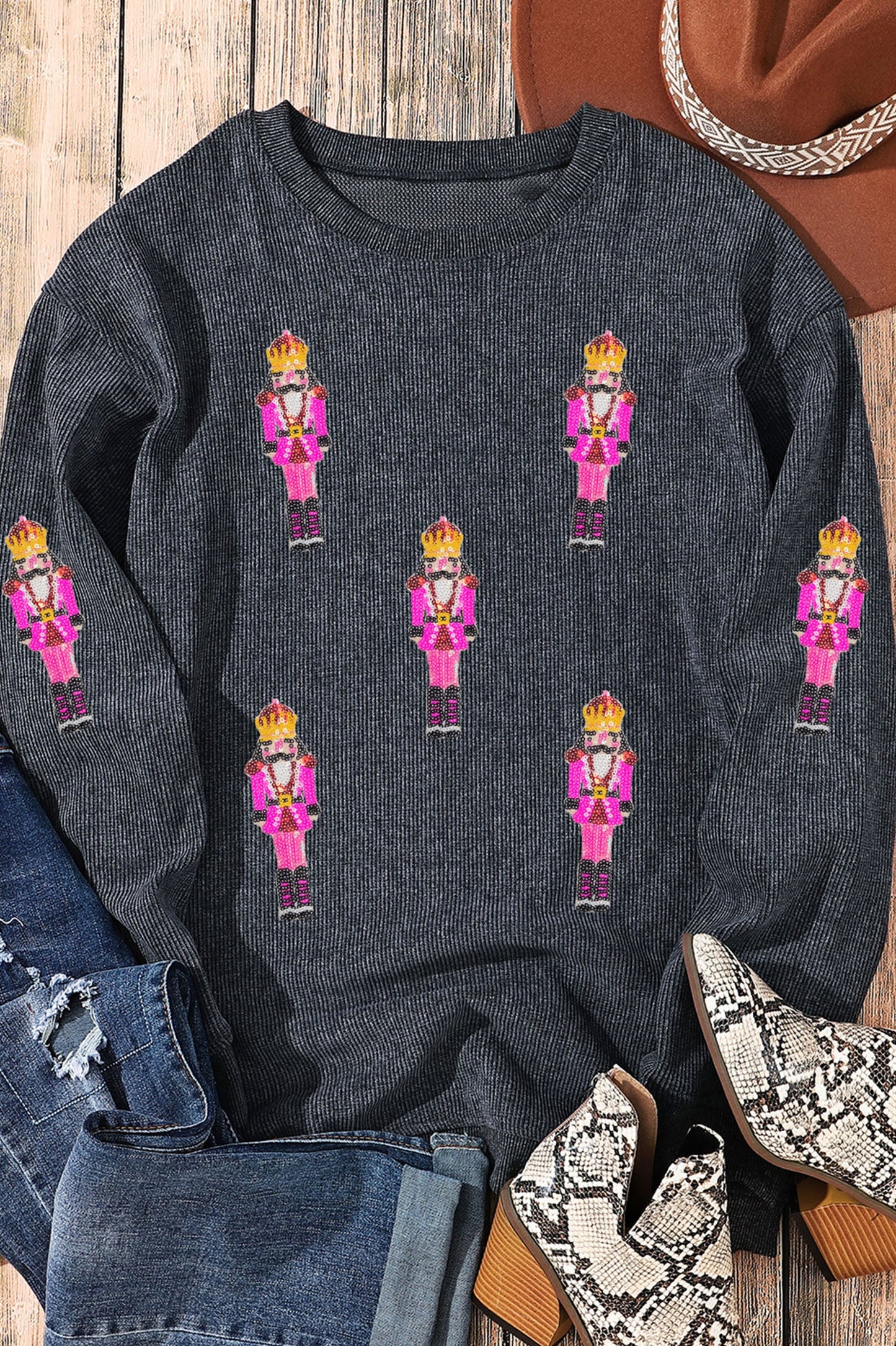 Gray Nutcracker Sequin Patterned Sweatshirt