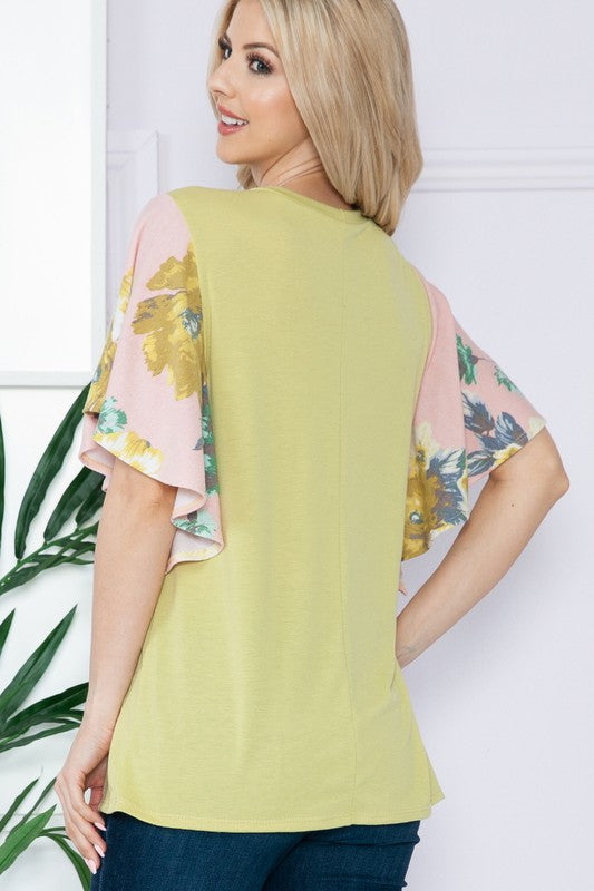 Plus Solid Floral Contrast Short Sleeve Top (2 Colors)