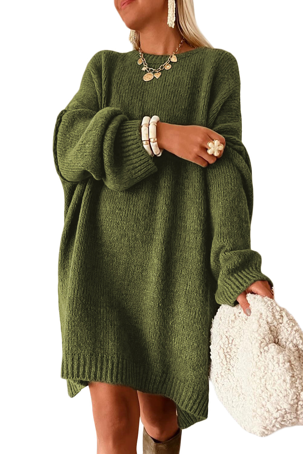 Green Oversize Drop Shoulder Slouchy Sweater Dress