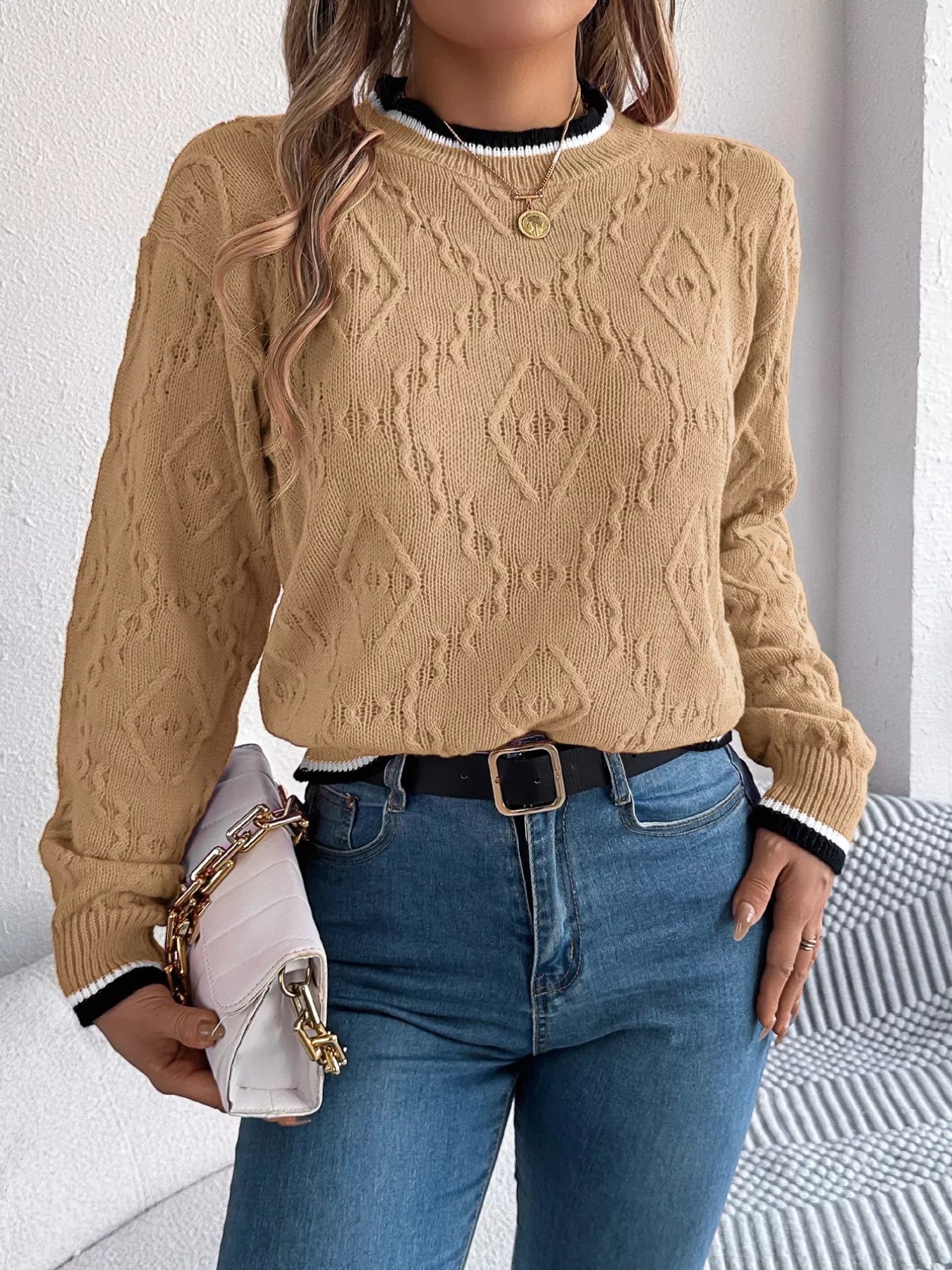 Contrast Trim Round Neck Sweater (3 Colors)