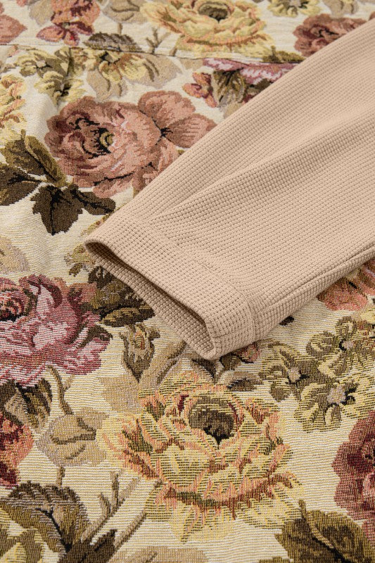 Floral Waffle Knit Patchwork Chest Pocket Buttoned