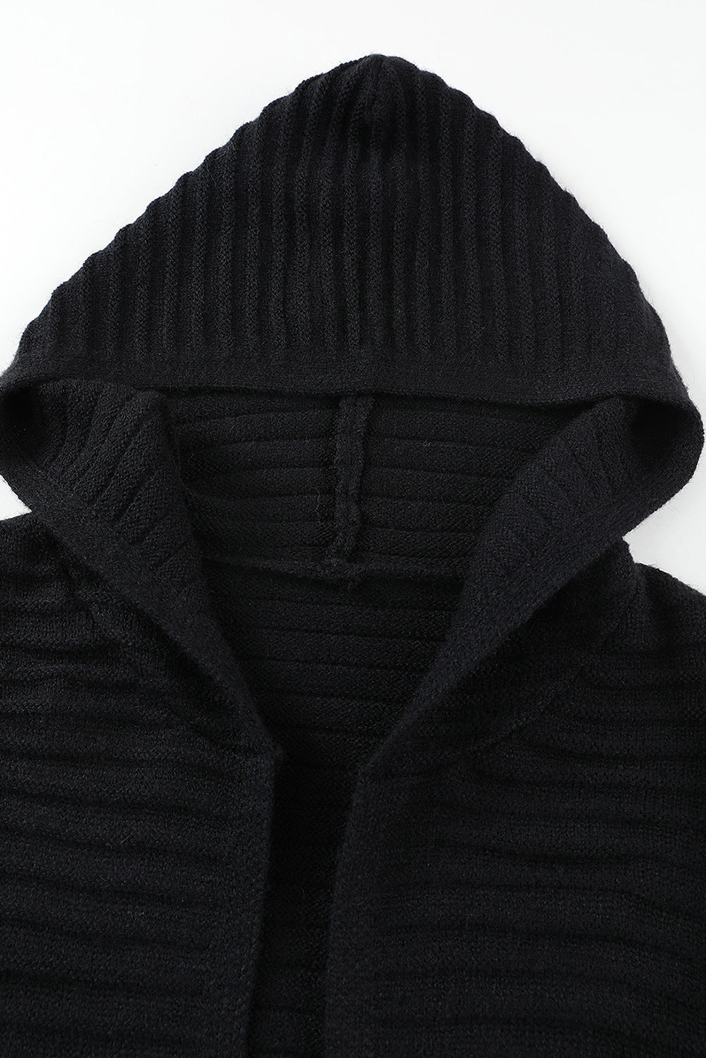 Brown Horizontal Rib Knitted Open Front Hooded Cardigan