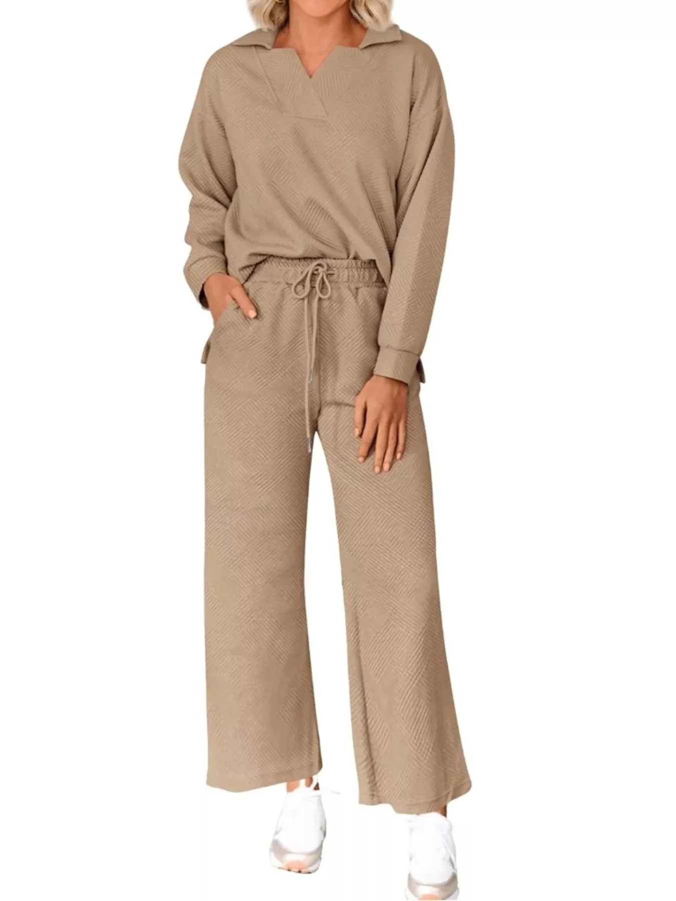 Side Slit Textured Top and Drawstring Pants Set (8 Colors)