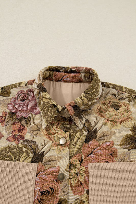 Floral Waffle Knit Patchwork Chest Pocket Buttoned