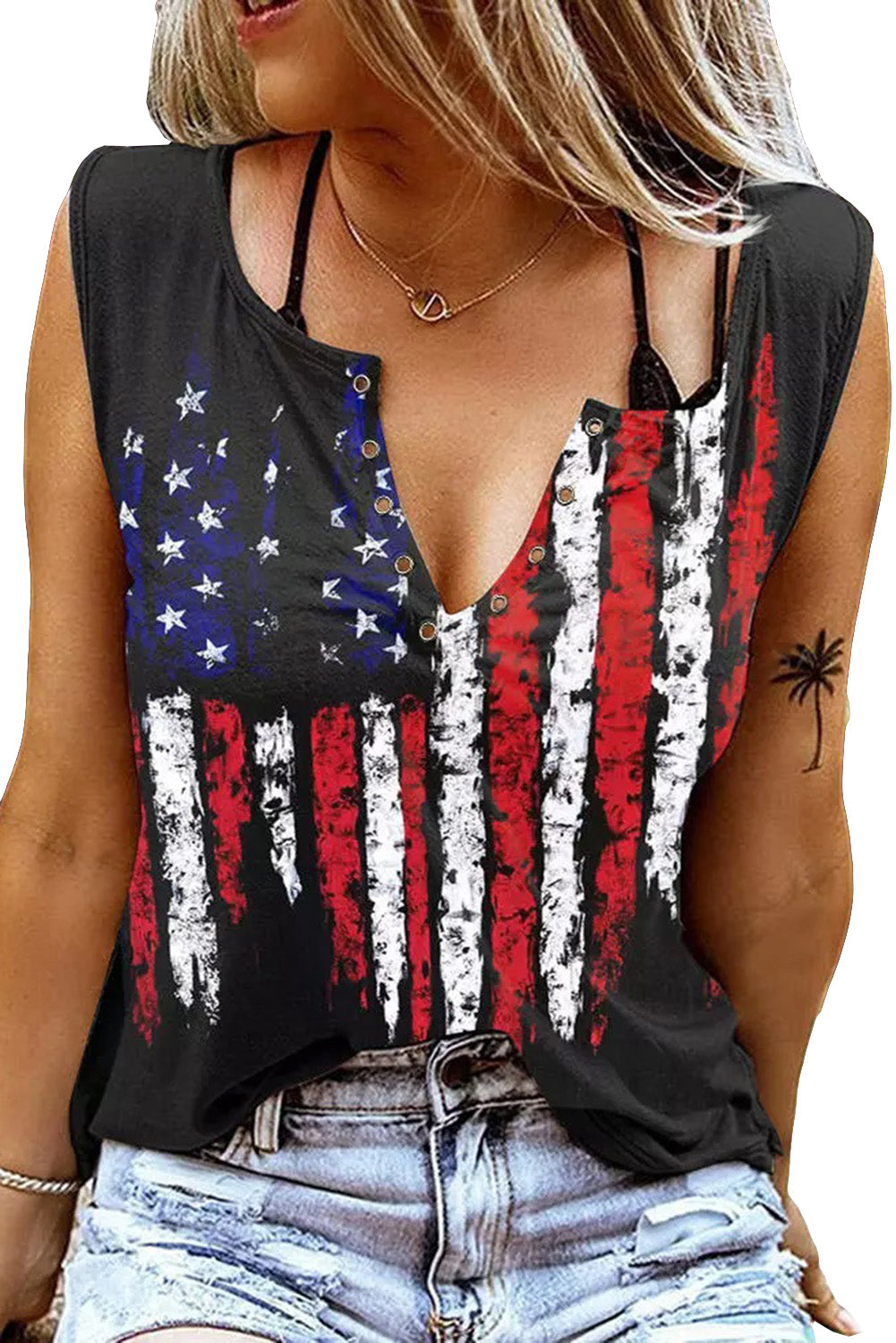 American Flag Printed Notched V-Neck Tank Top