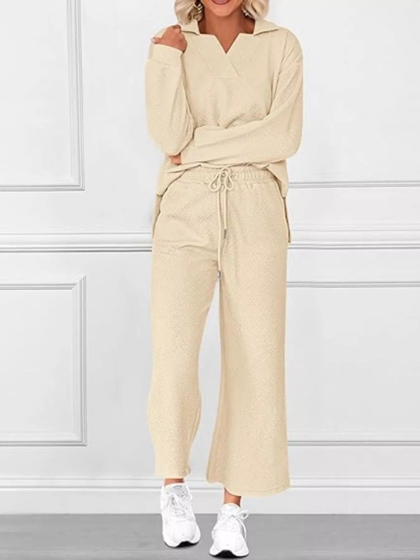 Side Slit Textured Top and Drawstring Pants Set (8 Colors)