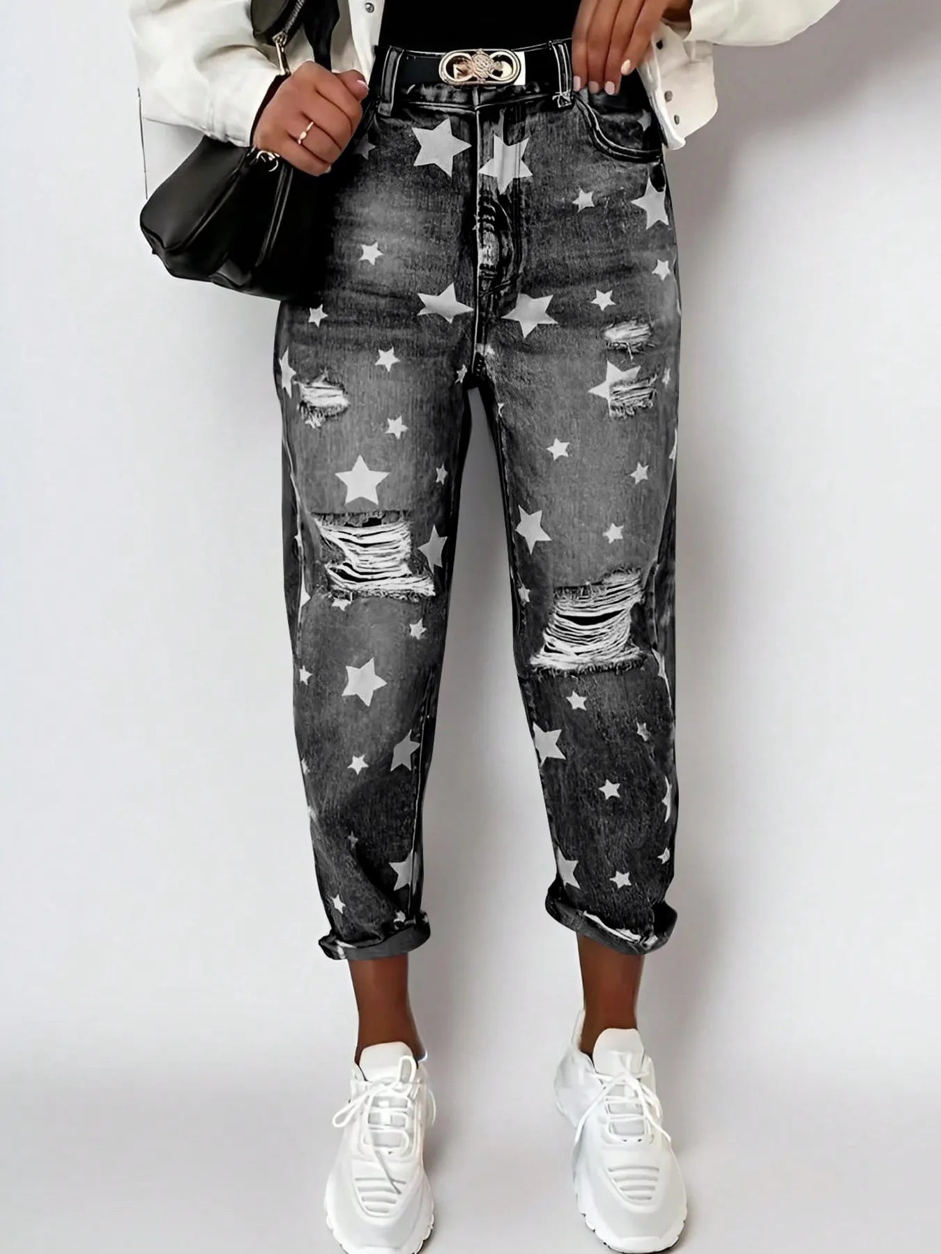Star Print Distressed High Waist Boyfriend Jeans (2 Colors)