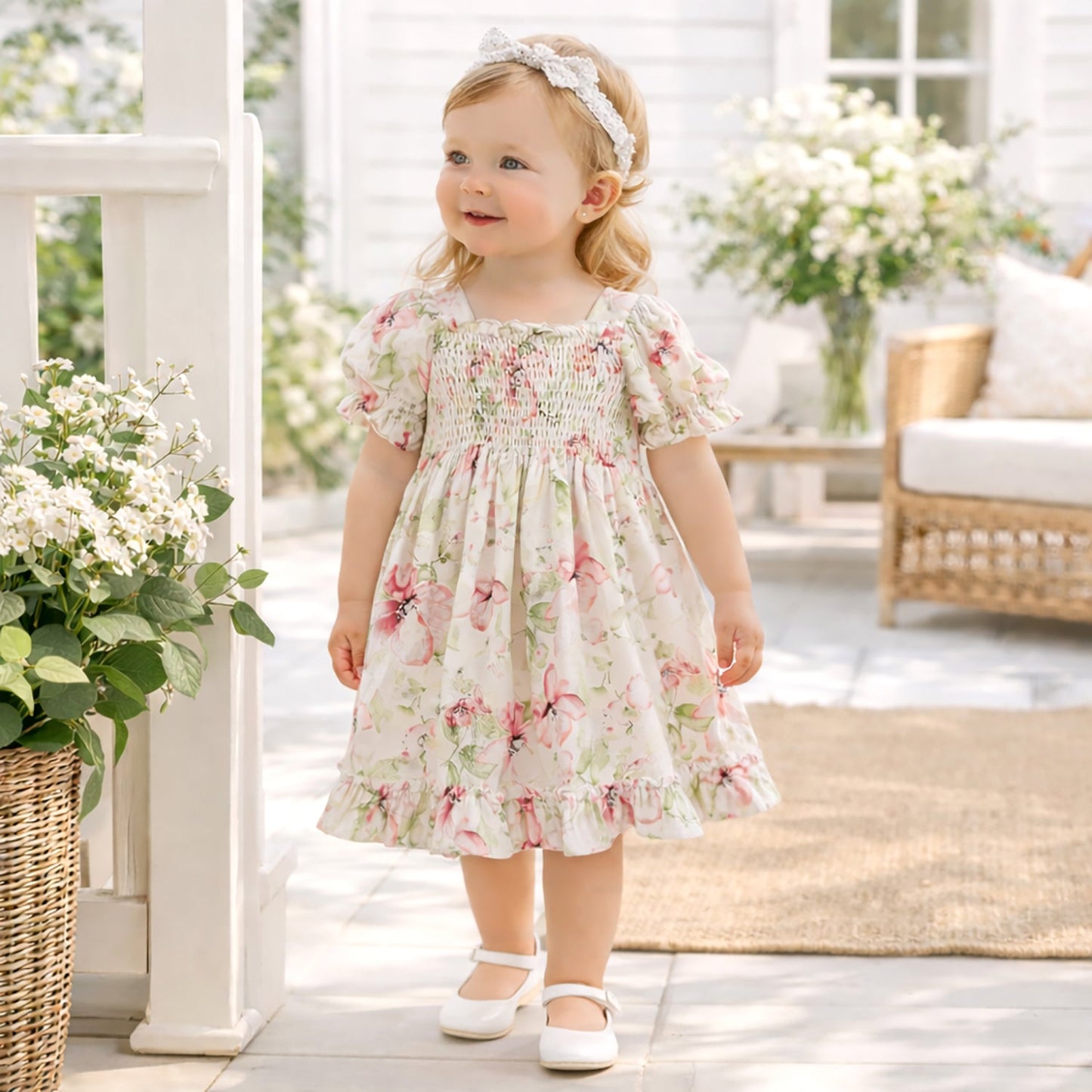 Blush Bouquet Smocked Bodice Puff Sleeve Dress