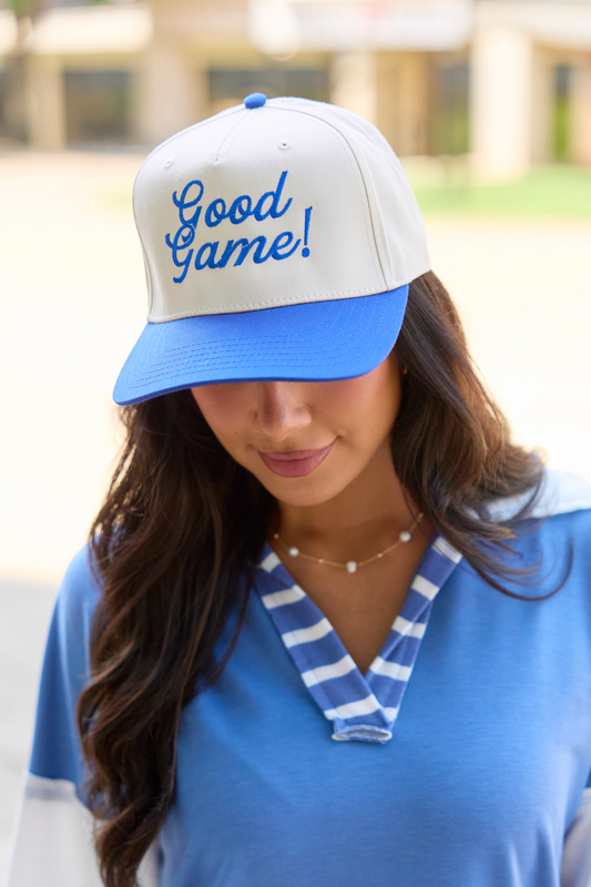 Good Game Royal/Natural Embroidered Trucker Hat