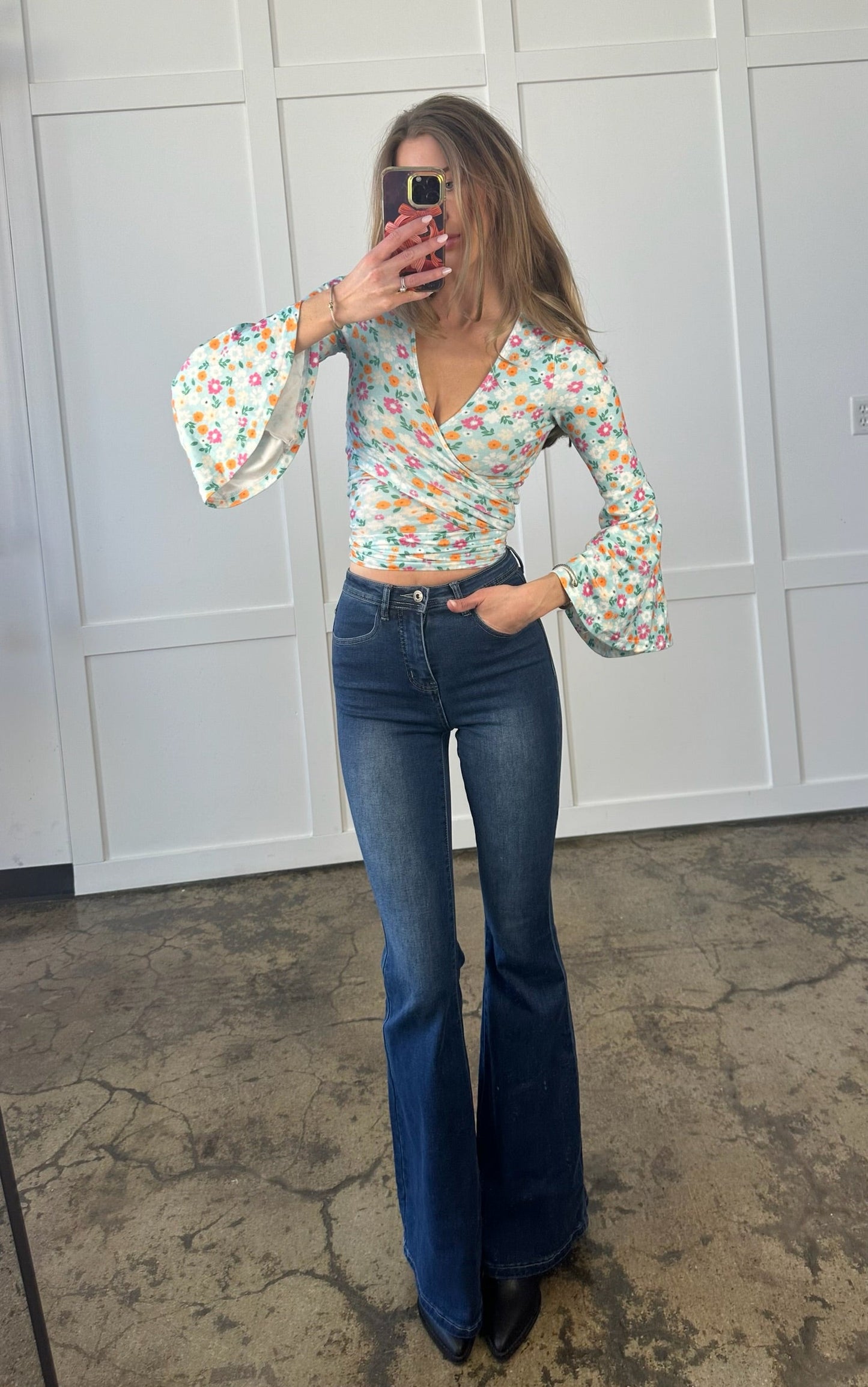 Fiona High Waisted Bell Bottom Flare Jeans - Medium Wash Denim