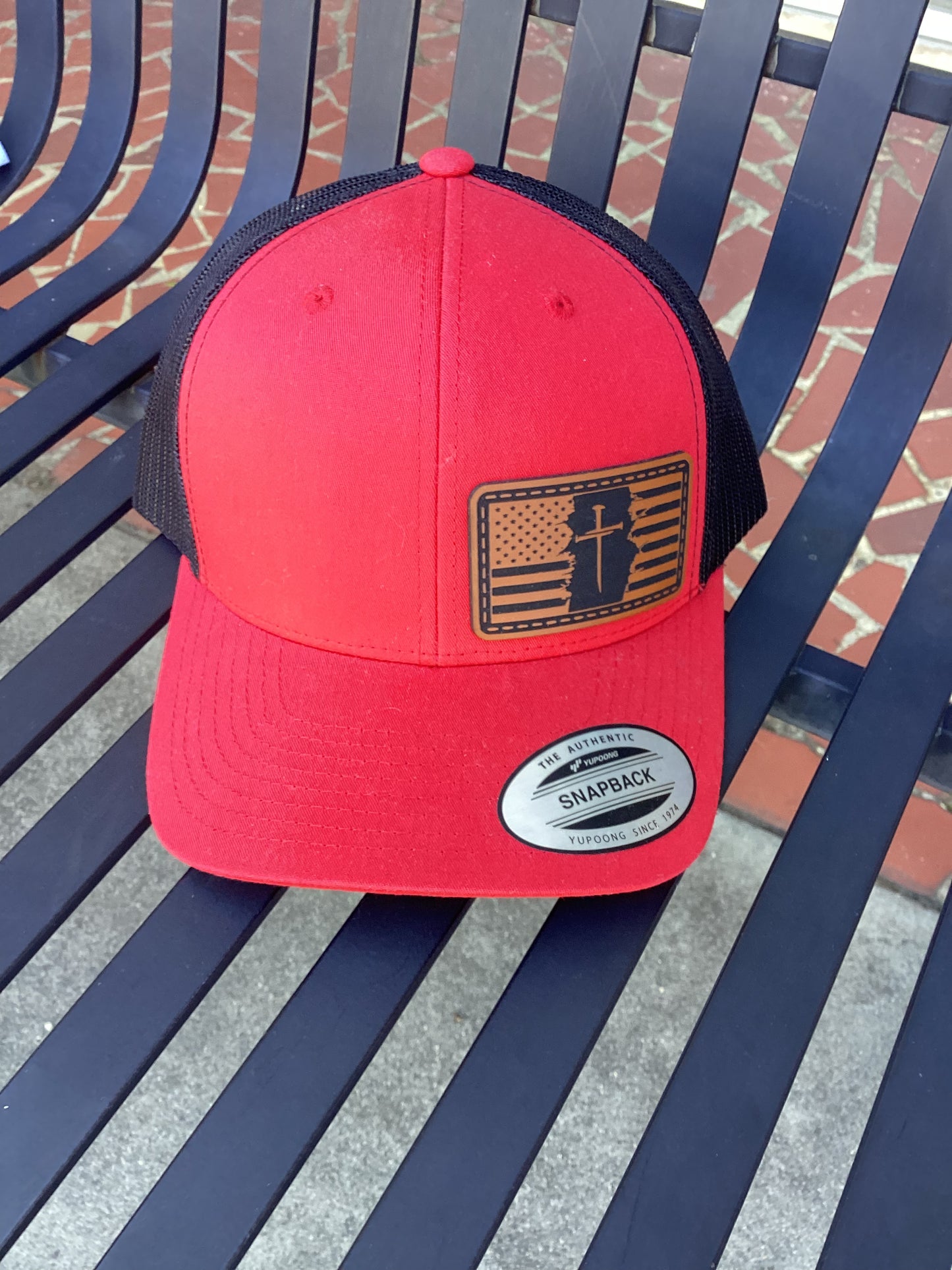 Classic Red and Black Trucker Snapback Hat with Laser-Engraved Christian Cross Flag Leather Patch