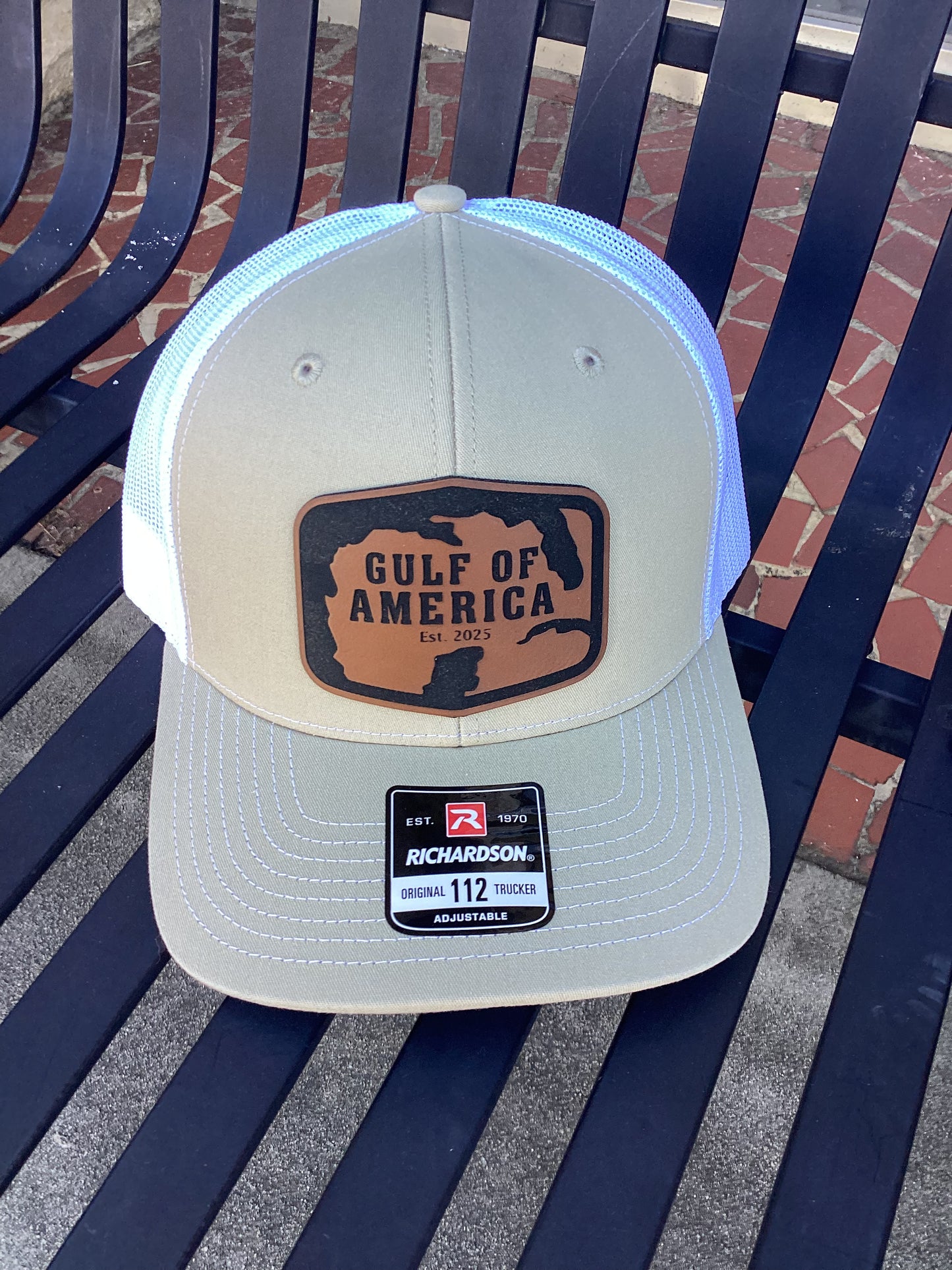 Khaki and White Trucker Hat with "Gulf of America" Laser-Engraved Leather Patch