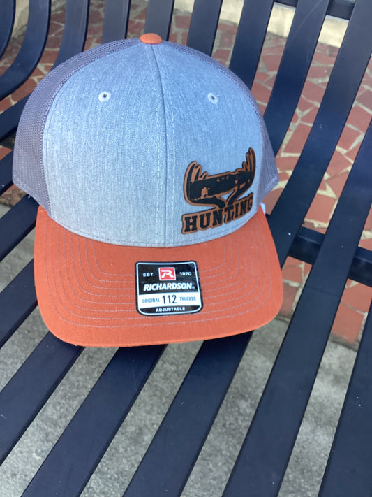 Heather Gray, Charcoal, and Orange Trucker Hat with Custom "HUNTING" Leather Patch