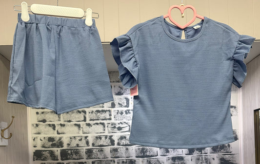 Dusty Blue Ruffle Sleeve Short Set Tween