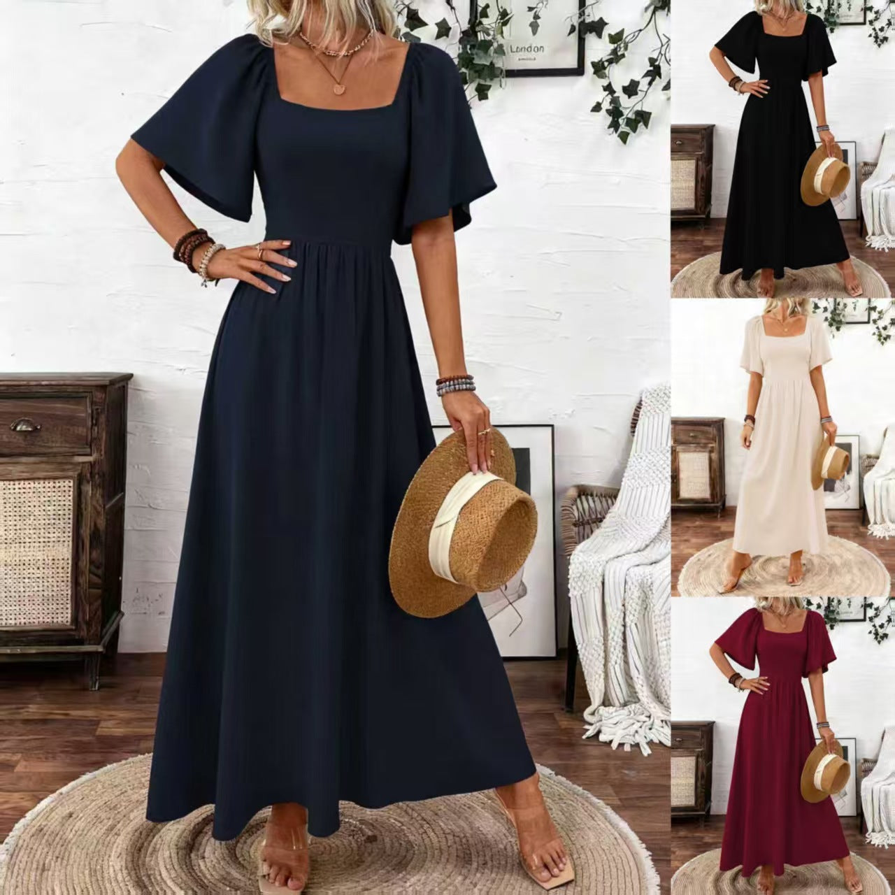 Ladies Spring Summer Bohemian Square Collar Fashion Elegant Generous Lotus Leaf Sleeve Women's Dress Dress