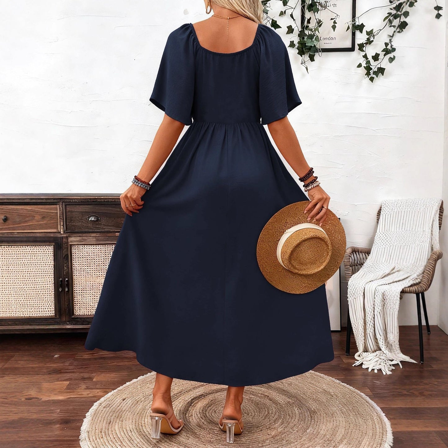 Ladies Spring Summer Bohemian Square Collar Fashion Elegant Generous Lotus Leaf Sleeve Women's Dress Dress