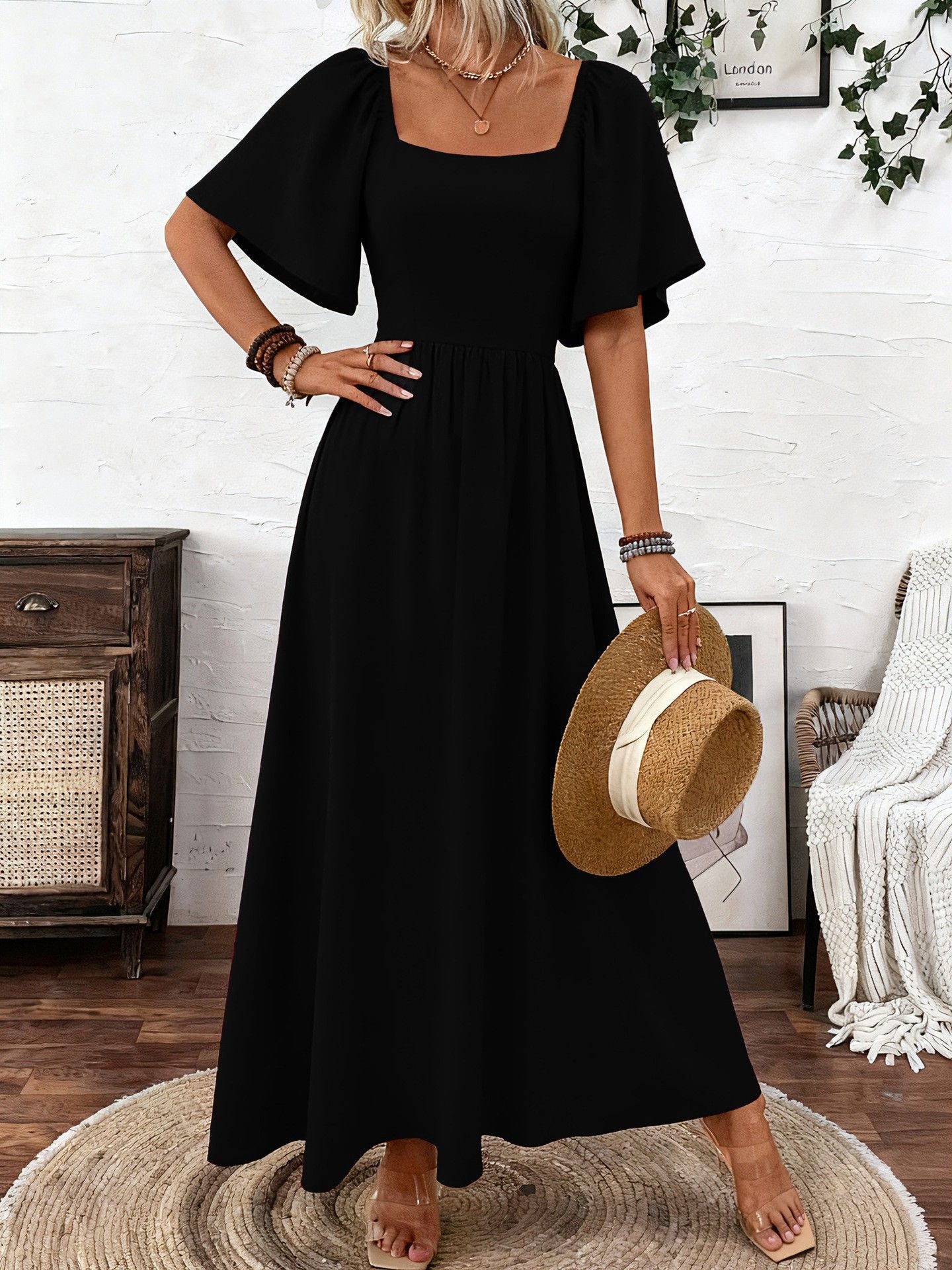 Ladies Spring Summer Bohemian Square Collar Fashion Elegant Generous Lotus Leaf Sleeve Women's Dress Dress