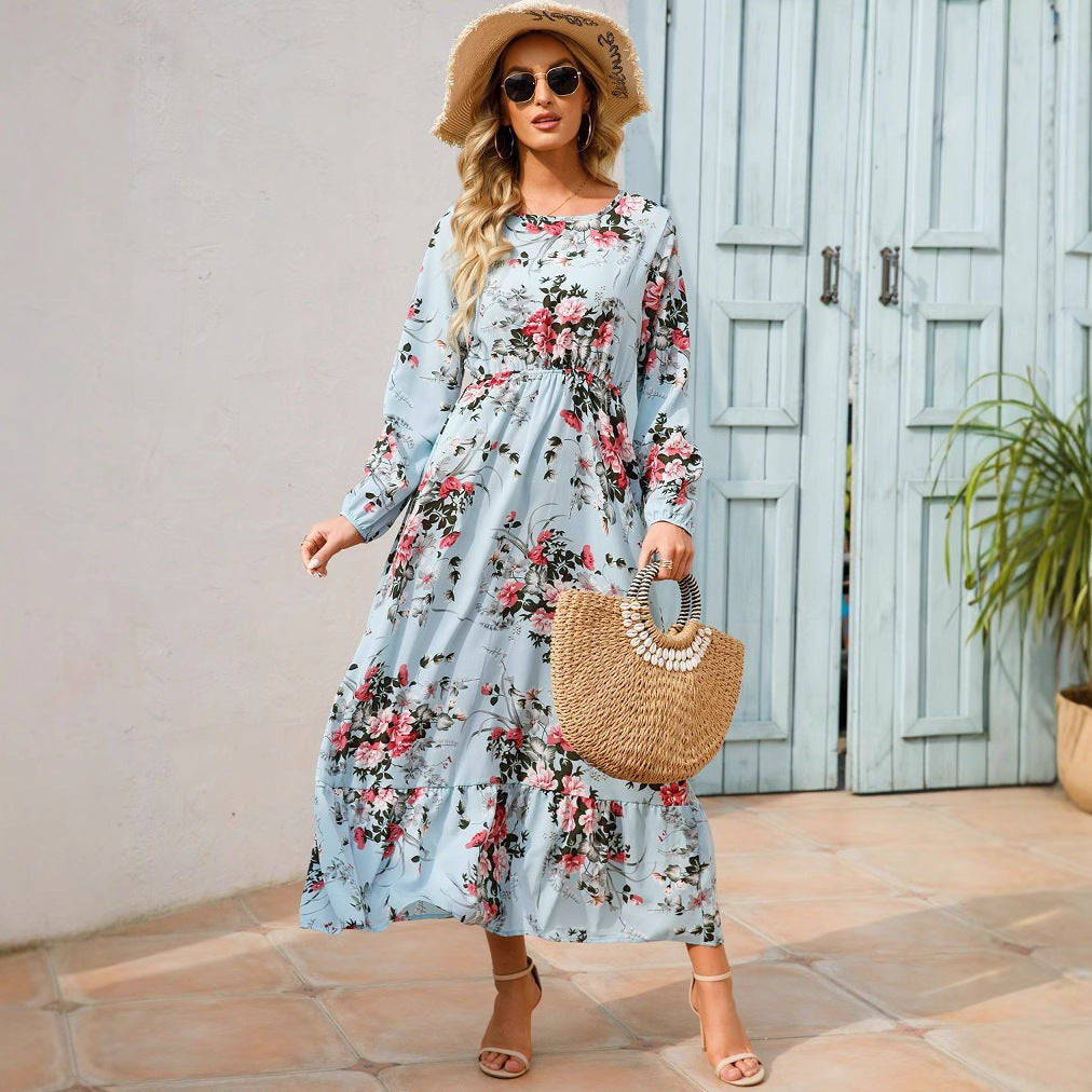 Spring and Autumn floral chiffon dress waist thin long sleeve round neck long printed skirt