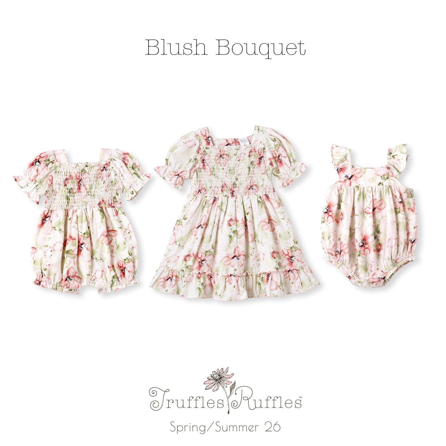 Blush Bouquet Smocked Bodice Puff Sleeve Dress