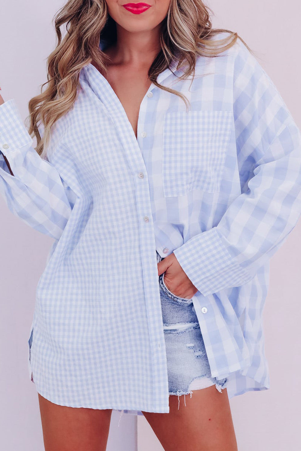 Mix Checked Patchwork Long Sleeve Shirt (3 Colors)